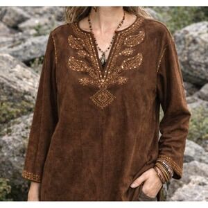 Unique Spectrum Womens 3X Mocha Tunic Embroidered Sequin Boho India Festive